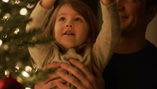 Father helps his daughter place the glowing star on the Christmas tree. Loving family holiday tradition concept.