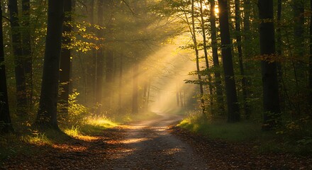 Naklejka premium Sunlit Forest Path with Golden Rays Illuminating the Autumnal Landscape