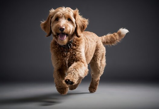 goldendoodle dog isolated on grey neutral studio background, adorable poddle, lovely pet 1