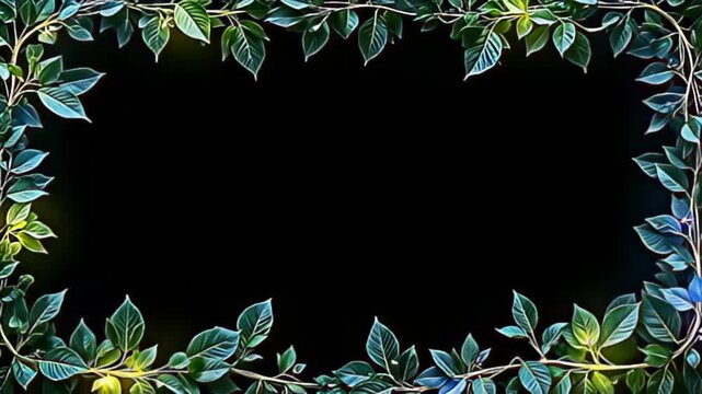 An ethereal Organic leaf Border Frame woven with glowing vines appears as though suspended in time, with foliage gently swaying and iridescent colors softly flowing around its edges,