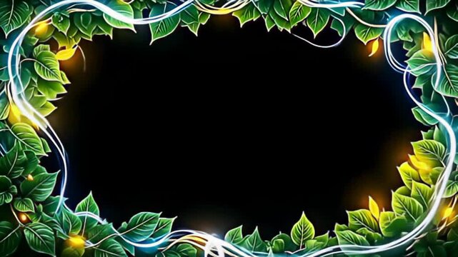 A radiant Organic leaf Border Frame woven with glowing vines envelops the viewer in a dynamic display, as vivid light streams swirl elegantly around the lush foliage, producing an enticing