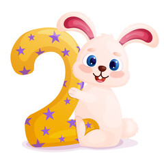 Cute cartoon bunny holding number 2. Adorable animal character for kids birthday party invitation and greeting card design