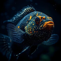 Fototapeta premium Stunning Close Up of a Vibrant Spotted Aquarium Fish with Striking Dark Blue and Orange Hues