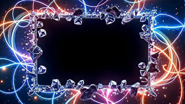 Think of an animated experience where the Sharp shattered glass Border Frame with radiant shards pulses with energy, surrounded by swirling ribbons of light in a spectrum of colors,