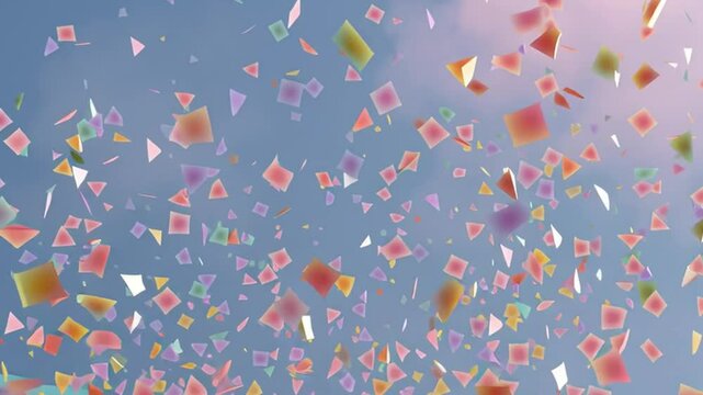 Colorful geometric shapes and floating cube create whimsical atmosphere in vibrant blue sky, evoking joy and playfulness with festive confetti and joyful paper boat.