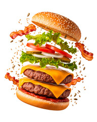 Exploded double bacon cheeseburger