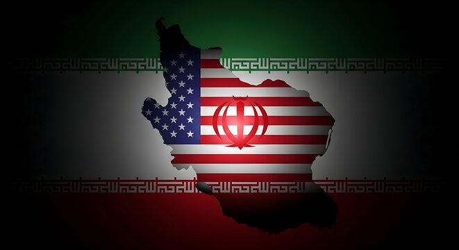 The united states map is overlaid with the american and iranian flags, representing the complex relationship between the two nations