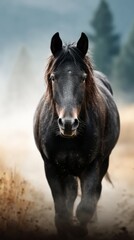 Black horse walking through misty terrain in a serene landscape at dawn
