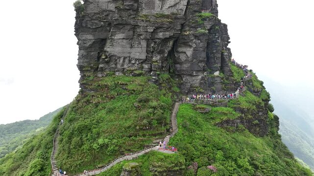 Aerial view of Fanjing Mountain with pathway, China.