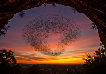 Bat Swarm Emerging from Cave at Sunset