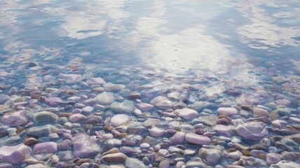 Pebbles underwater with purple-blue reflection. Neural network AI generated