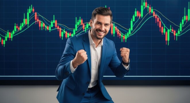 Enthusiastic stock trader celebrates success in front of market data graphs