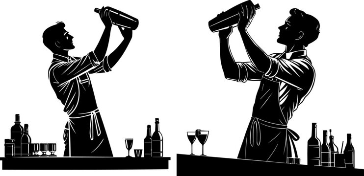 Bartender Mixing Cocktails with Shaker Silhouette Vector