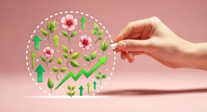 Hand shows growth charts with leaves and flowers on pink background - Powered by Adobe