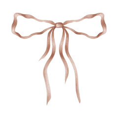 Brown bow with long ribbons. Watercolor, marker illustration. Knot for a gift. Hand drawn isolated art. Ribbon tied in a loose loop for decoration of holidays, bouquet for a wedding, birthday