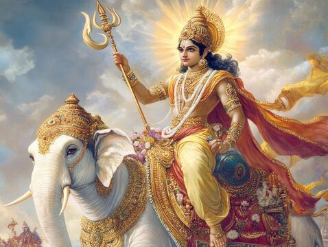 Hindu deity Indra, holding a trident, rides an ornate white elephant in the sky.