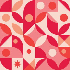 Contemporary seamless pattern with simple geometric shapes in pink and red colors. Stylish abstract background in Scandinavian style for print, design, fabric. Vector illustration