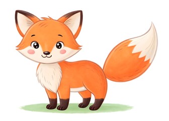 Obraz premium Cute cartoon fox standing on green grass with a fluffy tail