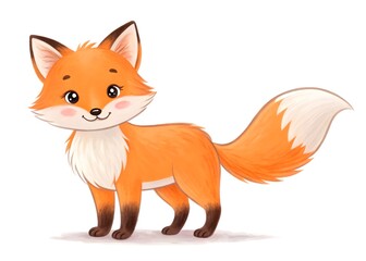 Obraz premium Cute cartoon fox with big eyes and a fluffy tail standing on a white background