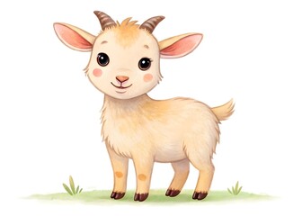 Cute watercolor baby goat standing on green grass with white background