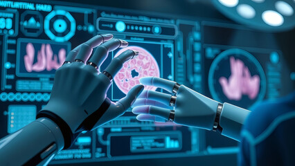 Robotic arms manipulate a circular medical scan on an advanced digital interface in a modern operating room, showcasing the future of medical technology and AI in healthcare.
