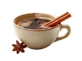 Steaming spiced coffee in a speckled mug with cinnamon sticks and star anise