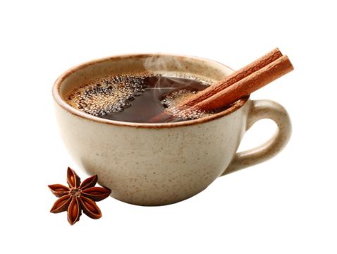 Steaming spiced coffee in a speckled mug with cinnamon sticks and star anise