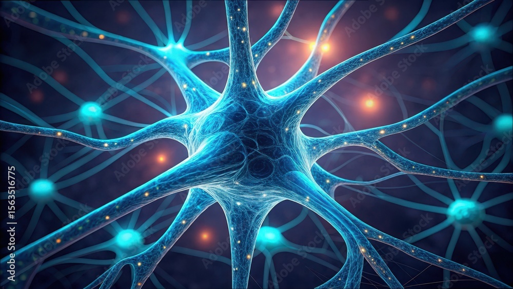 Poster abstract neuron repair process with glowing connections and colors