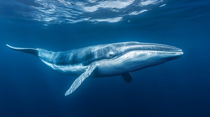 Naklejka premium Majestic Bryde's Whale Gracefully Swimming Underwater in Deep Ocean
