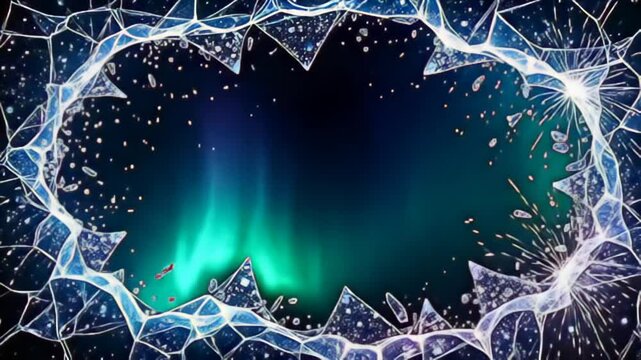 The alluring Sharp shattered glass Border Frame with radiant shards is adorned with swirling sparks of luminescent colors, where each twist and turn of light emulates a mesmerizing aurora,