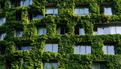 High-rise building facade partially consumed by thick ivy, window outlines barely visible through dense foliage 