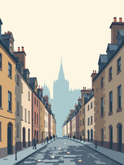 Fototapeta premium Edinburgh’s Royal Mile street in cobblestone gray, sandstone beige buildings, slate blue roofs, and mist white sky