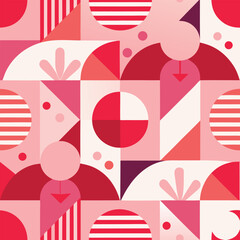 Contemporary seamless pattern with simple geometric shapes in pink and red colors. Stylish abstract background in Scandinavian style for print, design, fabric. Vector illustration