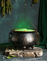 Magical Witch Cauldron in Enchanted Forest – Glowing Green Potion, Fantasy Potion Brewing Scene