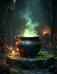 Magical Witch Cauldron in Enchanted Forest – Glowing Green Potion, Fantasy Potion Brewing Scene