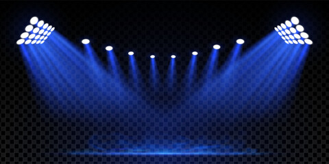 Night stadium concert with blue spotlight and fog. Football field with smoke, haze and LED floodlights. Bright stage lights, disco atmosphere and abstract illuminated background. Vector illustration © Azat Valeev