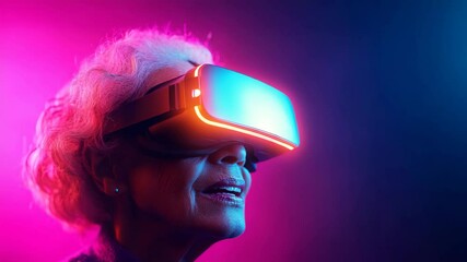 Senior woman, virtual reality headset, neon lights, futuristic technology adoption, smiling elderly lady enjoying immersive VR experiences, colorful glowing background, modern innovation - Powered by Adobe