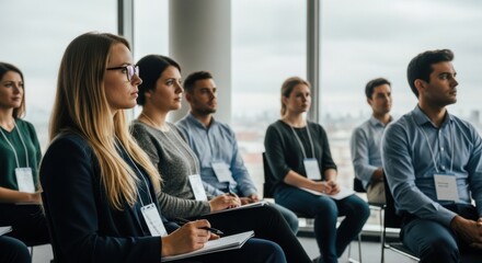 Diverse professionals attending a business conference seminar