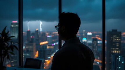 Man looking out window at city skyline during thunderstorm at night stock photo image