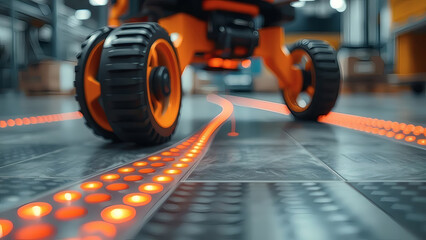 Fototapeta premium Autonomous guided vehicle navigates a warehouse following a glowing path, showcasing automated industrial technology and advanced logistics solutions for modern business efficiency.