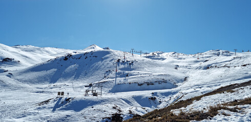 Valle nevado snow covered mountains in winter, Santiago, Chile. Ski Resort In Andes Mountains.