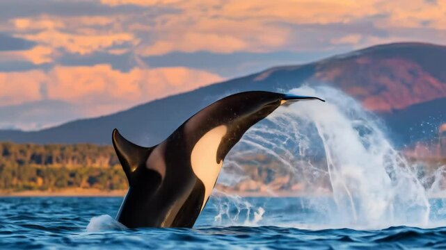 Killer whale leaps from ocean water mountains backdrop majestic marine wildlife scene