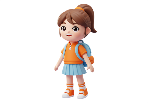 3d cartoon character of a cheerful schoolgirl wearing uniform and backpack Isolated on transparent background