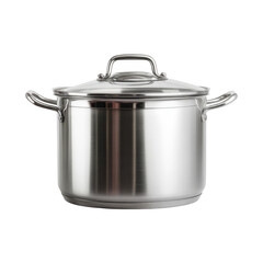 Shiny stainless steel stock pot with glass lid and handles isolated on transparent background