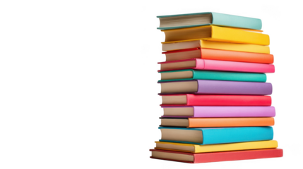 A tall stack of colorful hardcover books isolated on transparent background