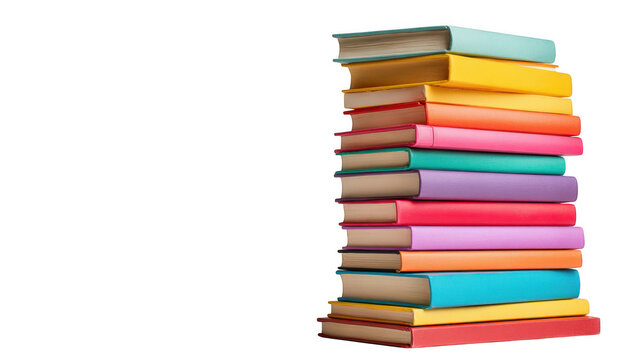 A tall stack of colorful hardcover books isolated on transparent background