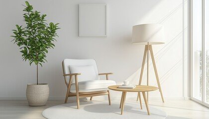 Fototapeta premium Stylish Living Room Featuring White Chair, Coffee Table, And Floor Lamp With Plant, Wood Furniture, And White Wall Decor Rendered.