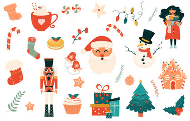 Christmas decorative elements with Santa Claus, nutcracker, gift boxes and many others. 