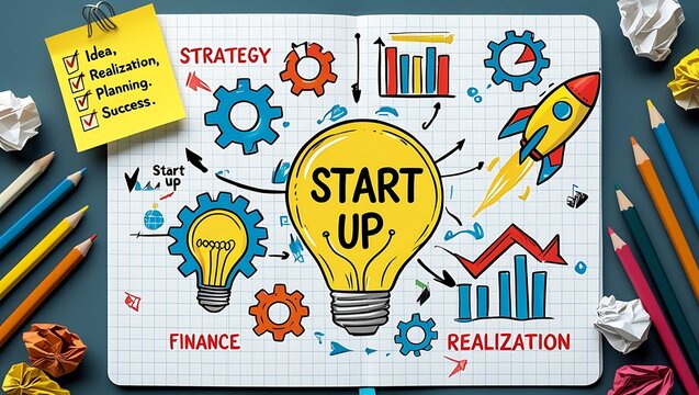 Startup business concept with lightbulb rocket gears and checklist on notebook