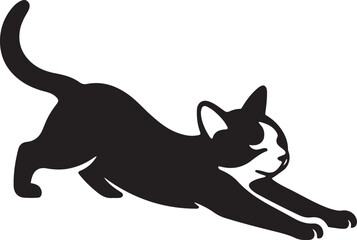 Cat stretching silhouette black and white sketch, Feline in motion outline design